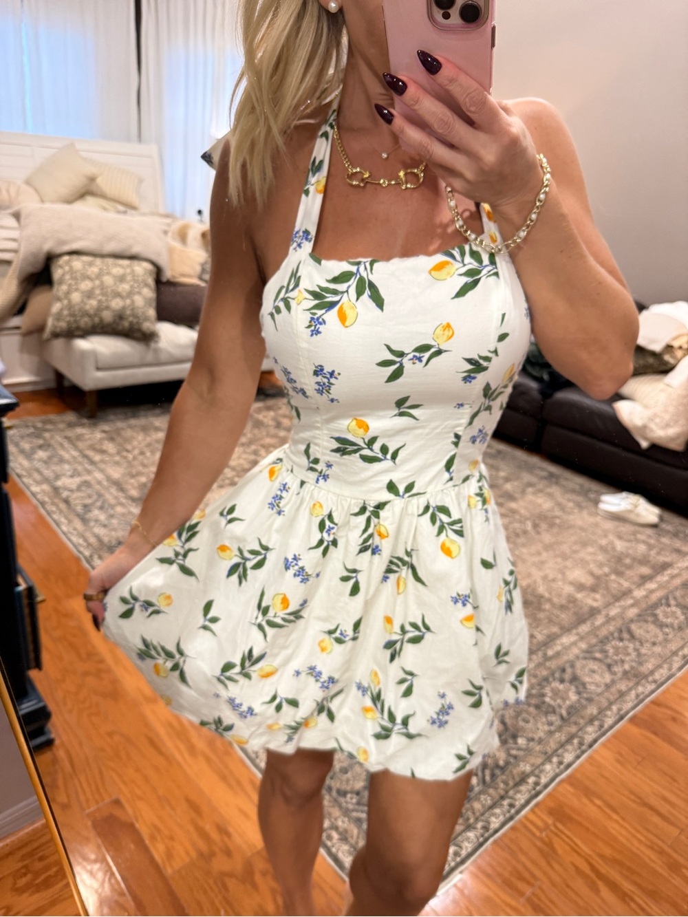 White Lemon Print Halter Mini Dress